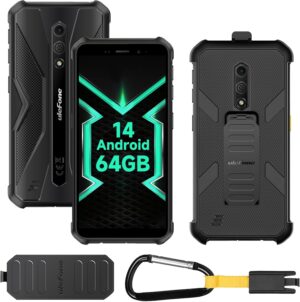 Ulefone Armor X12 Pro Rugged Telefon komórkowy z Androidem 14, 8 GB + 64 GB pamięci ROM/TF-256 GB, aparat 13 MP, bateria 4860 mAh, ekran HD+ 5,45 cala, smartfon ośmiordzeniowy 4G, Dual SIM/Face ID/NFC/GPS, czarny