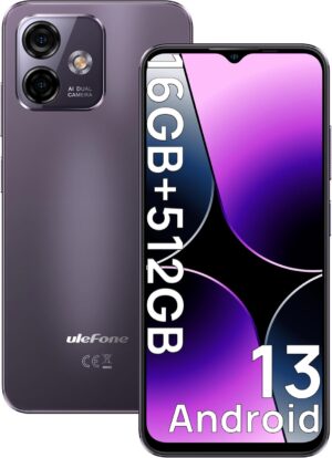 Telefon komórkowy Ulefone Note 16 Pro, 16 GB pamięci RAM + 512 GB pamięci ROM, smartfon z systemem Android 13, 8-rdzeniowy procesor, aparaty 50 MP + 8 MP, bateria 4400 mAh, ekran HD+ o przekątnej 6,52 cala, niedrogi smartfon 4G, obsługa dwóch kart SIM/Face ID/GPS/OTG/2-letnia gwarancja